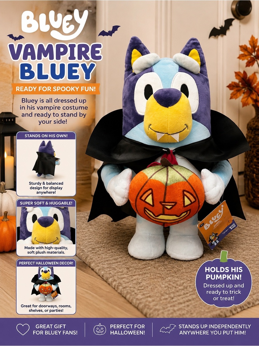 Bluey Vampire Plush with Pumpkin - Blue Costume